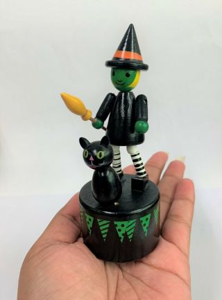 Vintage Dancing Push Button Puppet Pet Cat Wooden Sorceress Witch Halloween Toy