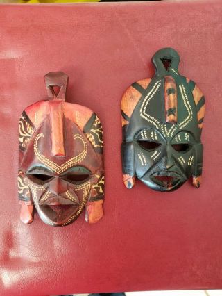 Set Of Two Africian Hand Carved Wooden Masks - Wall Art Decor