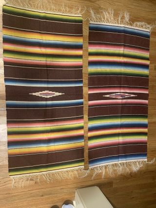 Vtg Pair 1940s Mexican Wool Saltillo Serape Blanket Rug 47” X 21”