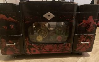 Vintage Japanese Rickshaw Black Lacquer Music/lights Automation Jewelry Box