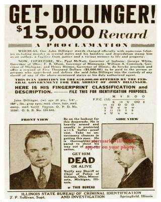 8x10 John Dillinger Wanted Poster Photo Prohibition Gangster Illinois Reward