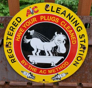 Vintage Old 1958 Ac Spark Plug Registered Cleaning Station Porcelain Sign