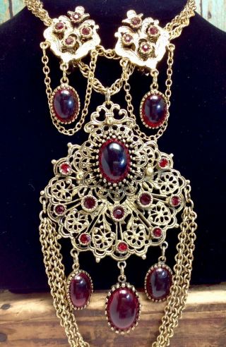 Vintage Haute Couture Runway Statement Rhinestone Necklace & Earrings Set (e33)