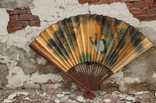 Mid Century Modern Large Japanese Hand Fan Hand Painted Paper Cranes 3 Foot