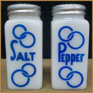Vintage Art Deco Depression Milk Glass Blue Circles Salt And Pepper Shakers