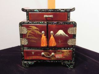 Vintage Japanese Black & Brown Mother Of Pearl Inlaid Lacquer Jewelry Box