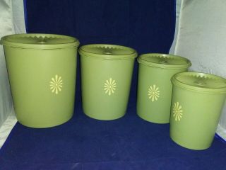 4 - Vintage Tupperware Avocado Green Starburst Canisters W/lids - Very Good Cond.
