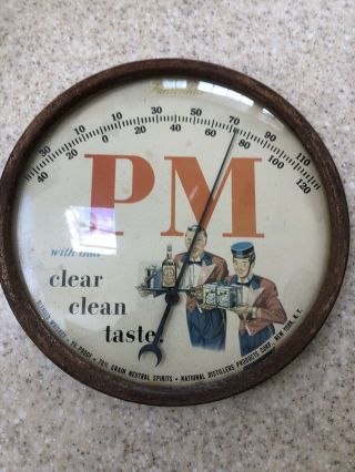 Vintage 9 " Round Pm Whiskey Advertising Thermometer Copper Color Finish & Glass