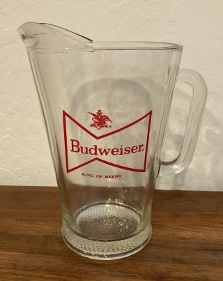 Budweiser King Of Beers Full Size Vintage Heavy Glass Pub Pitcher Red Clear
