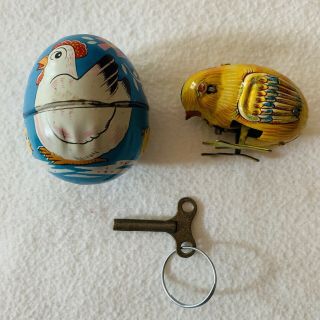 Vintage Haji Japan Tin Litho Easter Toy Egg Windup Chick W/ Key