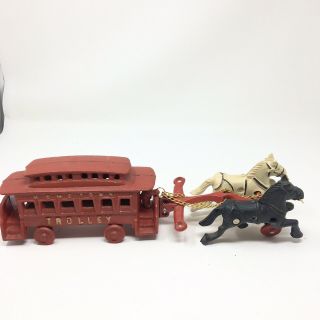 Vintage Cast Iron Horse Drawn Hometown Trolley Street Car Red Collectible Toy