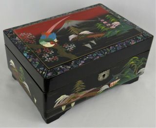 Vintage Japanese Jewelry Music Box Black Lacquer Finish Hand Painted