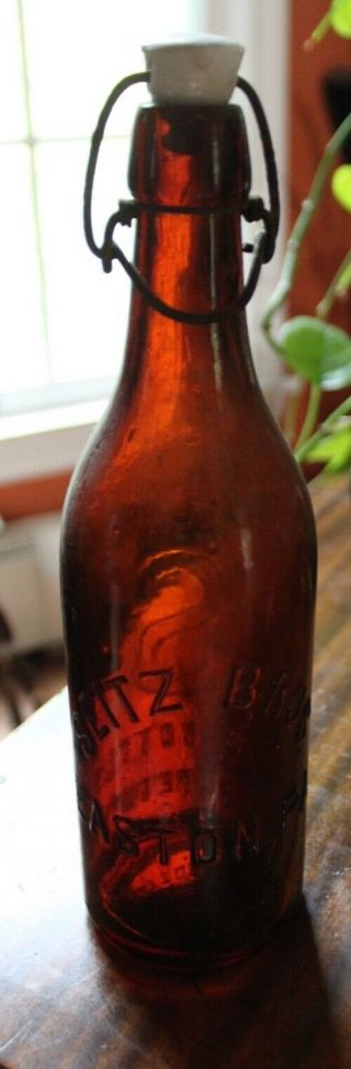 Vintage Brown Glass Bottle Seitz Bros.  Brewing Co.  Easton Pa With Ceramic Topper