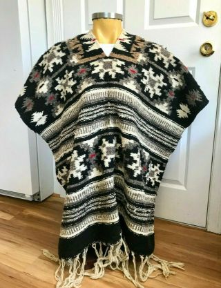 Vintage Mexican Heavy Wool Poncho Cape Blanket Hand Woven 50 