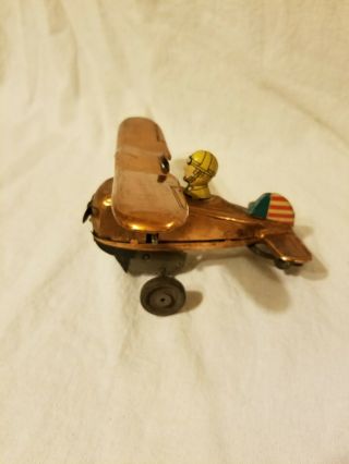 Vintage Louis Marx Roll Over 5 " Plane - Tin Wind - Up Stunt Toy