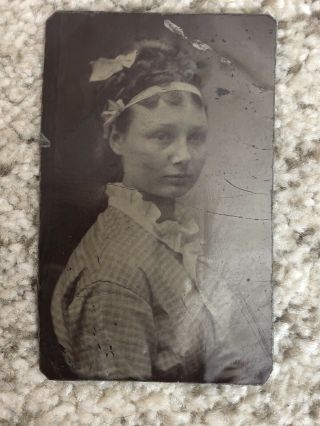 Old Vintage Antique Tintype Photo Young Woman Girl Lady Bow Hair Teenage