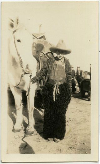 Cute Little Cowboy Fashion Overalls Chaps Horse Wyoming Vintage Snapshot Photo