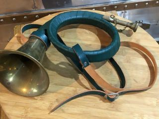 Vintage German Furst - Pless Brass Hunting Horn Green Leather Banding Engraved