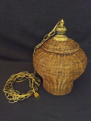 Vintage Wicker Rattan Hanging Swag Lamp Light Plug In Pull Chain Switch