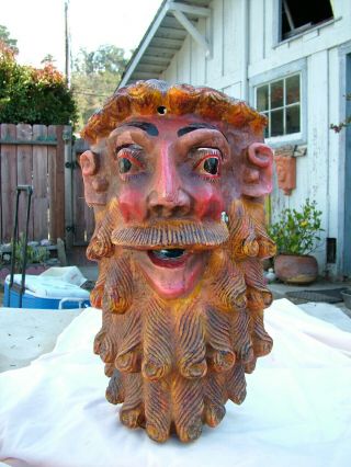 Vintage Hand Carved Painted Wood Folk Art Mexico Old Man With Beard Mask