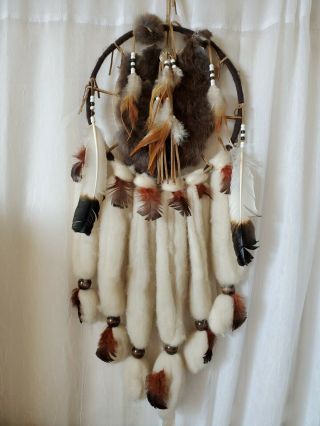 Vintage Authentic Native American Indian Large Dream Catcher Fur Wool Feathers