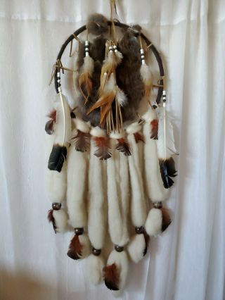 Vintage Authentic Native American Indian Large Dream Catcher Fur Wool Feathers 2
