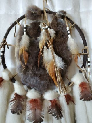Vintage Authentic Native American Indian Large Dream Catcher Fur Wool Feathers 3