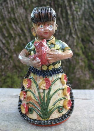 Mexican Clay Peasant Girl & Pig Statue Glazed Pottery Folk Art Michoacán Farmer