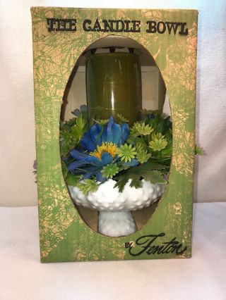 Vtg Fenton Milk Glass Hobnail Candle Bowl Plastic Blue Flowers Mib Box