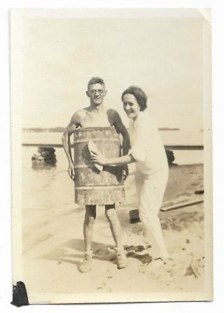 Strange Man In A Barrel 1930s Vintage Snapshot Photo