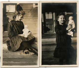 Little Girl Playing With Baby Doll Hair Bow Toy Fashion Vintage Snapshot Photos