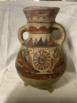 Antique Peruvian Pottery Vase 19th C Mountains Birds Flowers