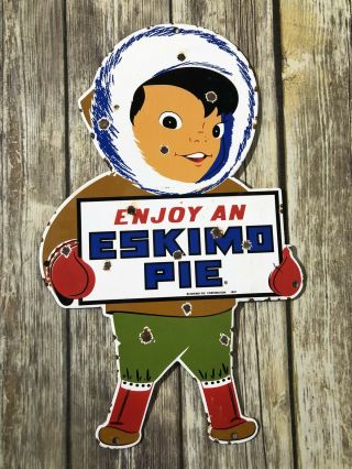 Vintage Enjoy An Eskimo Pie Ice Cream Bar Metal Porcelain Advertisement 17” Sign