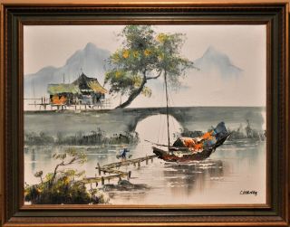 Vintage Oil Painting By Asian Artist Cheng Circa 1980 Landscape Boat
