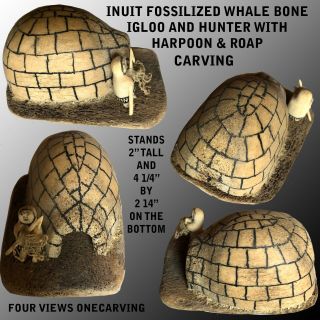 Antique Inuit Fossilized Whale Bone Igloo And Hunter With Harpoon & Roap.
