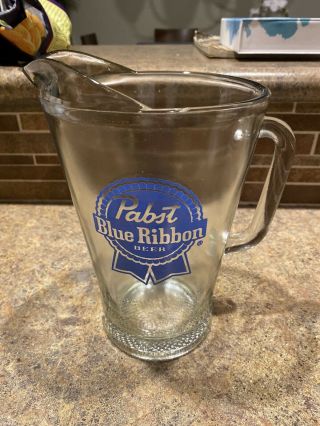Vintage Pabst Blue Ribbon Beer Pitcher,  Heavy Clear Glass,  Chip On Rim
