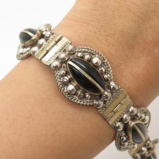 Vtg Mexico 925 Sterling Silver Real Black Onyx Gemstone Bracelet 7 "