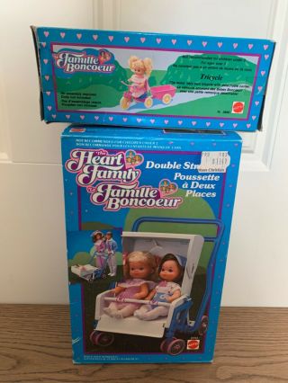 Vintage 1985 Mattel The Heart Family Double Stroller Nib And Tricycle Nib