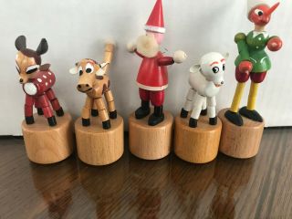 Vintage Wooden Christmaspush Puppets Made In Italy Set Of 5 With Santa,  Elf.