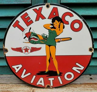Vintage Texaco Gasoline Porcelain Military Pin Up Girl Service Pump Plate Sign