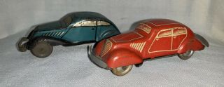Two 2 1940 Distler Mighty Midget Tin Wind Up Toy Car Us Zone Germany Blue Marx ?