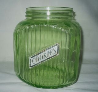 Vtg Depression Green Ribbed Cookie Jar Anchor Hocking Glass Label/no Li