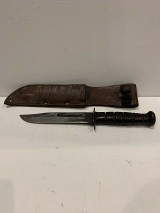 Vintage Kabar Usmc Military Knife With Leather Sheath