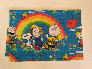 Vintage 1966 Peanuts Characters Rainbow Fabric Flat Twin Bed Sheets Charlie