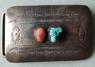 Native American Silver Belt Buckle With Turquoise And Coral Stone,  Navajo 3