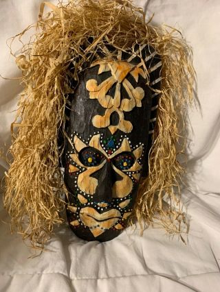 Vintage Tiki Mask Hand Painted With Straw Hair Resin?