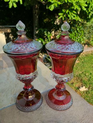 Cranberry Cut To Clear Crystal Glasses Dishes Goblets Vintage 13 Inches Tall Lid