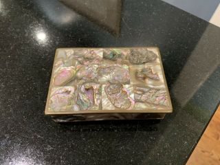 Vintage Mexican Abalone & Brass Trinket Box Wood Lined Mexico