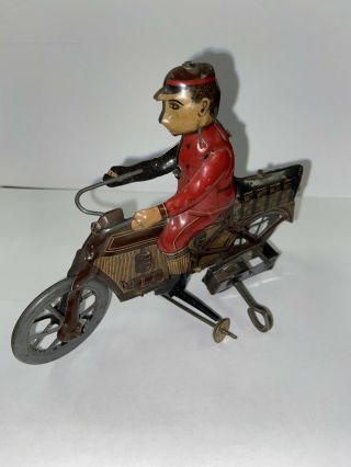 Vintage Lehmann ?? Tin Motorcycle Rider Toy Winds Up And.  Can’t Find Marks