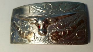 Vintage Longhorn 10 Kt Rose Gold & Sterling Silver Belt Buckle Ruby Eyes